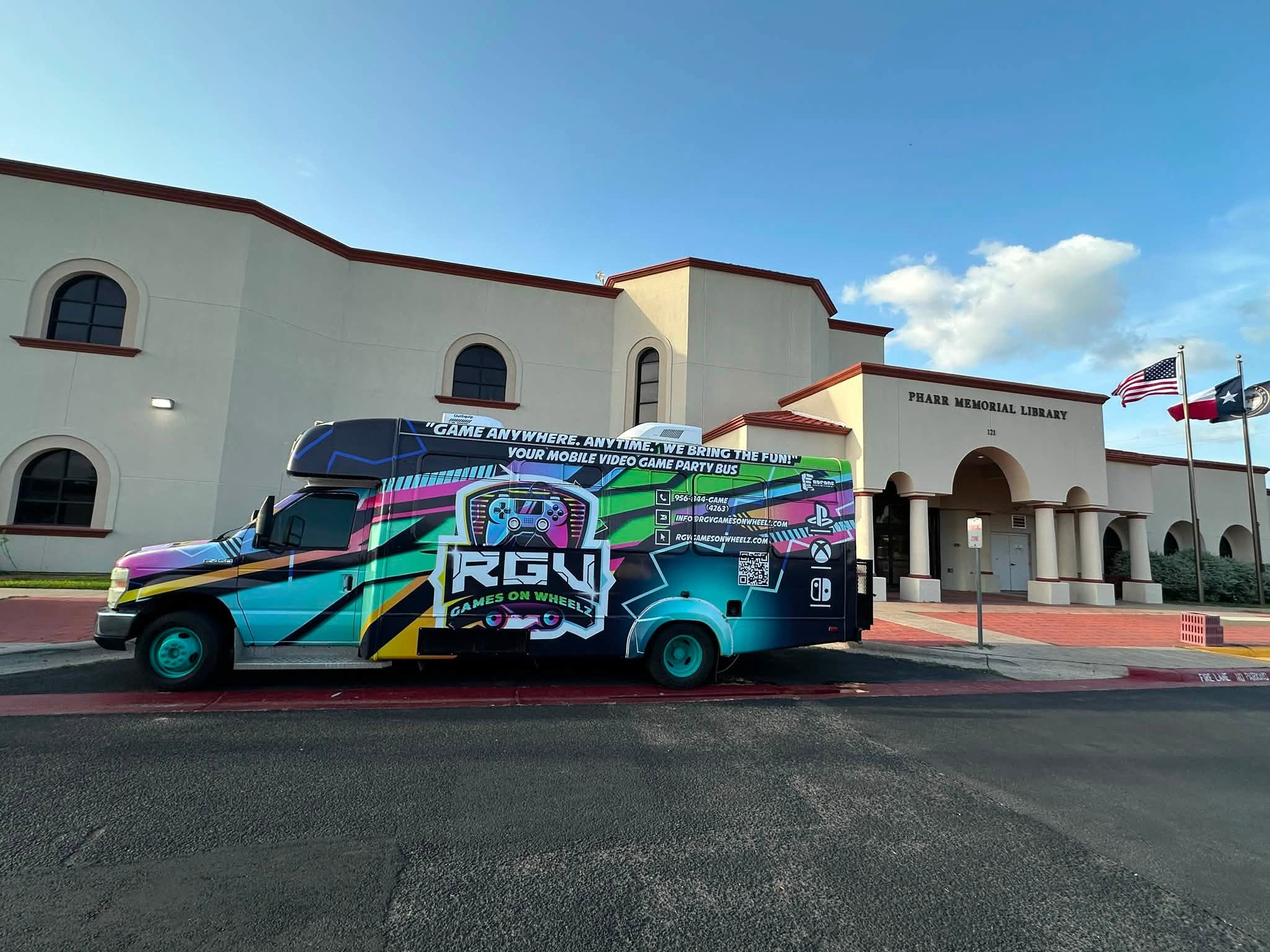 The RGV Games on Wheelz mobile gaming bus parked outside Pharr Memorial Library